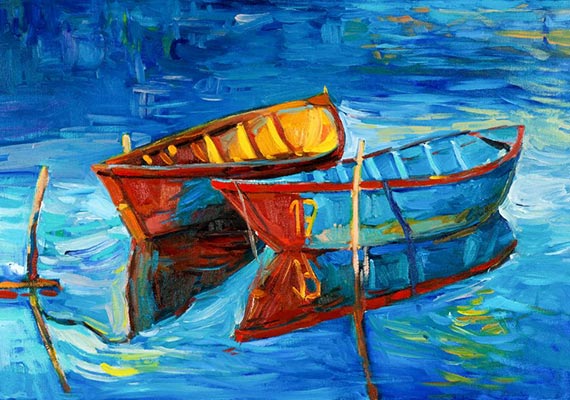 A painting of two boats in a pond